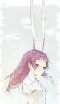  1girl animal_ears closed_mouth collared_shirt expressionless extra_ears floating_hair grey_background half-closed_eyes highres long_hair purple_hair rabbit_ears red_eyes reisen_udongein_inaba ryono_mizuki shirt short_sleeves simple_background solo touhou upper_body very_long_ears white_shirt wind wing_collar 