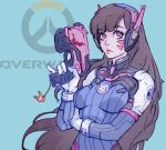 1girl armor bangs blunt_bangs bodysuit bracer breasts breasts_apart brown_eyes brown_hair bunny_print charm_(object) copyright_name covered_nipples d.va_(overwatch) eyebrows eyebrows_visible_through_hair facepaint facial_mark gloves gun hand_up handgun headphones high_collar holding holding_gun holding_weapon inverted_nipples lips lipstick long_hair looking_at_viewer lowres makeup medium_breasts overwatch parted_lips pauldrons pilot_suit pink_lips pinky_out shoulder_pads solo turtleneck upper_body weapon whisker_markings white_gloves 