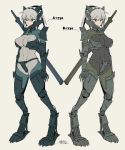  bangs blonde_hair bodysuit breasts commentary_request dated expressionless green_eyes hair_between_eyes hairband ikeshita_moyuko large_breasts mecha_musume mechanical_arm mechanical_legs original ponytail red_eyes siblings simple_background sketch sword tan_background translation_request twins weapon 