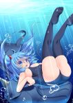  1girl air_bubble ass backpack bag blue blue_eyes blue_hair breasts bubble floating_hair hair_bobbles hair_ornament highres kawashiro_nitori large_breasts moura_(kenyuugetu) open_mouth sideboob smile solo sunlight swimsuit thigh-highs touhou twintails underwater 