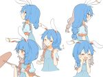  1girl animal_ears blue_dress blue_hair braid closed_eyes dress drill_hair ear_clip kine long_hair low_twintails mallet misha_(hoongju) multicolored_hair multiple_views open_mouth profile rabbit_ears red_eyes seiran_(touhou) short_sleeves short_twintails simple_background smile tears touhou twin_braids twintails white_background 