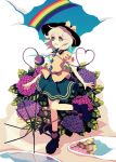  1girl blue_eyes bow dise flower hat hat_bow heart heart_of_string hydrangea komeiji_koishi leg_lift puddle rainbow solo third_eye touhou transparent_umbrella umbrella white_hair 