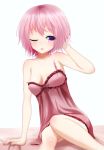  1girl blush camisole covered_nipples highres komeiji_satori looking_at_viewer no_headwear one_eye_closed open_mouth pink_eyes pink_hair short_hair simple_background sitting sleeveless solo strap_slip tears touhou white_background yuuforia 