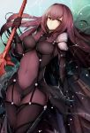  1girl afloat bodysuit breasts covered_navel fate/grand_order fate_(series) gae_bolg highres holding holding_weapon inaba_sunimi long_hair looking_at_viewer purple_hair red_eyes scathach_(fate/grand_order) solo weapon 