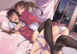  2girls :d alternate_costume artist_name ass bed black_legwear blush breasts brown_gloves brown_hair chikuma_(kantai_collection) closed_eyes dated ferris_wheel fingerless_gloves gloves hair_ribbon kantai_collection large_breasts lights long_hair lying multiple_girls night night_sky on_back one_eye_closed open_mouth panties puffy_short_sleeves puffy_sleeves ribbon round_teeth shimizu_panikku short_sleeves sky smile star_(sky) teeth thigh-highs tone_(kantai_collection) twintails underwear white_panties window 