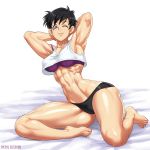  1girl abs armpits barefoot black_hair bra breasts crop_top dragon_ball dragon_ball_z feet highres looking_at_viewer muscle muscular_female one_eye_closed panties short_hair solo speh toenails toes underwear videl 