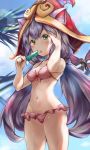  1girl animal_ears bikini blush erementa fairy fairy_wings green_eyes hat highres league_of_legends licking looking_at_viewer lulu_(league_of_legends) navel pix popsicle purple_hair red_eyes sweat swimsuit tongue tongue_out twintails wings 