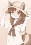  1girl animal_ears blush brooch clenched_teeth grin hat hat_tug imaizumi_kagerou jewelry long_hair monochrome one_eye_closed poronegi smile solo tail teeth touhou wolf_ears wolf_tail 