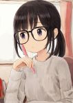  1girl :/ black-framed_eyewear blue_eyes book brown_hair curtains expressionless glasses holding holding_pen indoors long_sleeves looking_to_the_side nasuna original pen ponytail sketch solo sweater upper_body window 