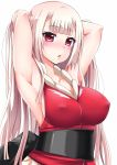  1girl :o adjusting_hair armpits arms_up beatmania beatmania_iidx breasts covered_nipples houou_rinka ini_(mocomocccos) long_hair medium_breasts parted_lips pink_eyes pink_hair simple_background solo white_background 