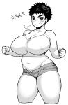  1girl bare_shoulders belly breasts cleavage highres huge_breasts looking_at_viewer monochrome plump short_hair short_shorts shorts simple_background solo synecdoche thick_thighs thighs translation_request white_background 