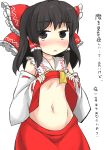  1girl bare_shoulders black_eyes black_hair blush bow detached_sleeves gaoo_(frpjx283) hair_bow hair_tubes hakurei_reimu highres navel open_mouth shirt_lift solo touhou translation_request triangle_mouth 