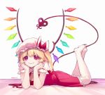  1girl ainy77 ascot blonde_hair crystal flandre_scarlet full_body hands_on_own_face hat hat_ribbon laevatein looking_at_viewer lying mob_cap on_stomach pantyhose puffy_sleeves red_eyes ribbon shirt short_hair short_sleeves side_ponytail simple_background skirt skirt_set smile solo touhou vest white_background white_legwear wings 