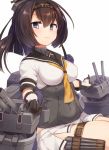  1girl :3 akizuki_(kantai_collection) blue_eyes breasts brown_hair chou-10cm-hou-chan corset from_side hachimaki hair_between_eyes hair_ornament hairband headband kantai_collection leg_belt long_hair looking_at_viewer machinery neckerchief pleated_skirt ponytail school_uniform serafuku sitting skirt smile thigh_strap yamaarashi 