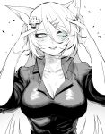  1girl animal_ears arms_up bangs blue_eyes breasts collared_shirt cross_hair_ornament eyebrows_visible_through_hair greyscale hair_ornament hairclip highres indie_virtual_youtuber kakult2017 large_breasts long_hair looking_away mizuki_(vtuber) monochrome parted_lips shirt short_sleeves sideways_glance solo spot_color upper_body virtual_youtuber 