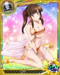  1girl artist_request bracelet breasts brown_eyes brown_hair card_(medium) character_name checkered checkered_background chess_piece covered_nipples gradient gradient_background hair_ribbon high_school_dxd jewelry large_breasts murayama_(high_school_dxd) official_art pawn rainbow_background ribbon runes sparkle swimsuit torn_clothes torn_swimsuit trading_card twintails 