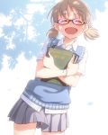  1girl aki_(girls_und_panzer) alternate_costume beads bespectacled blonde_hair book bracelet closed_eyes clouds cowboy_shot girls_und_panzer glasses happy holding jewelry open_mouth pairan russian school_uniform short_hair short_twintails sky smile solo sweater_vest translated twintails 
