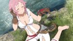  absurdres barefoot breasts brown_gloves cleavage closed_eyes collarbone game_cg gloves grass hair_ornament hand_in_hair highres large_breasts lisbeth navel outdoors pink_hair short_hair sitting smile sword_art_online sword_art_online:_hollow_realization water wet 