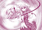  &gt;:o 0-den 1girl :o bandaged_arm bun_cover chain chinese_clothes commentary_request cuffs double_bun flower foreshortening greyscale hair_bun highres ibaraki_kasen monochrome rose shackles short_hair solo tabard touhou triangle_mouth 