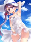  1girl :d akebono_(kantai_collection) arm_up armpits asymmetrical_hair bare_shoulders bell blue_sky blush clouds contrapposto day dress flower groin hair_bell hair_flower hair_ornament hat highres holding holding_hat jingle_bell kantai_collection looking_at_viewer neit_ni_sei open_mouth panties pantyshot pantyshot_(standing) purple_hair red_flower side_ponytail sky sleeveless sleeveless_dress smile standing sun_hat sundress underwear violet_eyes white_dress white_hat white_panties wind wind_lift 
