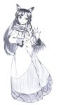  0-den 1girl absurdres animal_ears blush brooch commentary_request dress fingernails full_body greyscale highres imaizumi_kagerou jewelry long_fingernails long_hair long_sleeves looking_at_viewer monochrome sharp_fingernails smile solo touhou white_dress wide_sleeves wolf_ears 