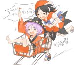  2girls black_hair bowl bowl_hat closed_eyes dress hat japanese_clothes kijin_seija kimono korean misha_(hoongju) multicolored_hair multiple_girls needle open_mouth purple_hair redhead sash shopping_cart short_hair skirt smile streaked_hair sukuna_shinmyoumaru touhou translation_request white_hair 