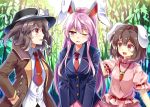  3girls ;o animal_ears bamboo bamboo_forest belt black_hat blazer blue_jacket bow brown_hair brown_jacket buttons carrot_necklace collared_shirt dress_shirt e.o. fedora forest frilled_sleeves frills hair_bow hands_in_pockets hat hat_bow inaba_tewi jacket long_hair long_sleeves multiple_girls nature necktie one_eye_closed open_clothes open_jacket open_mouth pink_hair pink_skirt plant pleated_skirt pocket profile puffy_short_sleeves puffy_sleeves rabbit_ears red_eyes red_necktie red_ribbon reisen_udongein_inaba ribbon ribbon-trimmed_sleeves ribbon_trim shirt short_hair short_sleeves sidelocks skirt touhou unbuttoned usami_renko very_long_hair white_bow white_shirt wing_collar 