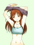  1girl breasts brown_eyes brown_hair idolmaster idolmaster_cinderella_girls long_hair looking_at_viewer midriff navel nitta_minami sakaki_imasato sketch solo sports_bra sweat undressing 