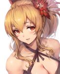  1girl bangs bare_shoulders blonde_hair blush bow breasts chromatic_aberration cleavage criss-cross_halter eyebrows eyebrows_visible_through_hair eyelashes flower gou_(ga673899) granblue_fantasy hair_between_eyes hair_bow hair_flower hair_ornament halter_top halterneck long_hair looking_at_viewer parted_lips ponytail red_eyes red_flower sidelocks simple_background smile solo upper_body vira white_background 
