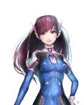  1girl armor bangs bodysuit breasts brown_eyes brown_hair bunny_print covered_navel cowboy_shot d.va_(overwatch) facepaint facial_mark gloves hand_on_hip hand_up headphones high_collar highres long_hair looking_at_viewer medium_breasts open_mouth overwatch pauldrons pilot_suit shiny shiny_clothes shoulder_pads simple_background smile solo swept_bangs turtleneck whisker_markings white_background white_gloves 