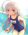  1girl ahoge cleaning_brush doseki_udon empty_pool grey_eyes hoshi_shouko idolmaster idolmaster_cinderella_girls long_hair name_tag old_school_swimsuit school_swimsuit silver_hair swimsuit 