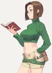  1girl belt belt_pouch beltskirt book breasts brown_hair crop_top fingernails glasses green_eyes green_sweater hand_on_hip holding holding_book large_breasts long_fingernails long_sleeves midriff mimoza_lorange navel ribbed_sweater short_hair shorts simple_background smile solo ssberit summon_night summon_night_2 sweater turtleneck white_background 