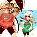  2girls aori_(splatoon) baseball_bat black_hair bubble_blowing detached_collar domino_mask earrings fangs food food_on_head gloves hand_in_pocket highres hotaru_(splatoon) jacket jewelry long_hair mask mole mole_under_eye multiple_girls object_on_head open_mouth pointy_ears short_hair smile sparkle splatoon sunglasses tagme tentacle_hair tokuwotsumu 