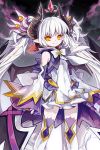  1girl chain_chronicle closed_mouth demon_girl demon_horns detached_sleeves dress gem grey_hair highres horns long_hair pale_skin pointy_ears roman_numerals sleeveless sleeveless_dress sleeves_past_wrists smile solo thigh-highs twintails very_long_hair vilor white_legwear yellow_eyes 