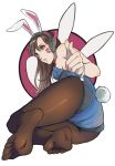  1girl adapted_costume animal_ears ass bangs bare_shoulders breasts brown_eyes brown_hair brown_legwear bunny_girl bunny_tail bunnysuit choker d.va_(overwatch) detached_collar facepaint facial_mark fake_animal_ears feet from_behind headphones highres legs leotard long_hair looking_at_viewer looking_back medium_breasts no_shoes overwatch pantyhose parted_bangs pointing pointing_at_viewer pov_feet rabbit_ears red_ribbon ribbon ribbon_choker simple_background smile soles solo strapless strapless_leotard tail toe_socks toes upper_body whisker_markings white_background wrist_cuffs 