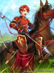  1boy alen armor armored_boots boots copyright_name fire_emblem fire_emblem:_fuuin_no_tsurugi fire_emblem_cipher gloves horse leaf matsurika_youko official_art open_mouth polearm red_eyes redhead solo spear teeth weapon 