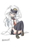  1girl alternate_headwear anchor_symbol arms_up bangs black_legwear black_shoes black_skirt blush buttons closed_mouth ebifurya epaulettes eyebrows eyebrows_visible_through_hair full_body grey_eyes hair_between_eyes hat hibiki_(kantai_collection) highres jacket kantai_collection knees_together_feet_apart knees_up loafers long_hair looking_at_viewer neckerchief open_clothes open_jacket oversized_clothes peaked_cap school_uniform serafuku shoes sidelocks silver_hair simple_background sitting skirt sleeves_past_wrists smile solo thigh-highs twitter_username white_background 