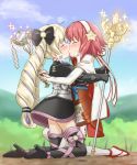  2girls bamboo blonde_hair blush closed_eyes dress elise_(fire_emblem_if) fire_emblem fire_emblem_if gloves hair_ornament hair_ribbon hairband healing highres kiss long_hair multiple_girls nichika_(nitikapo) pink_hair ribbon rod sakura_(fire_emblem_if) short_hair staff twintails yuri 