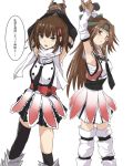  2girls appei_(555) armpits arms_up asymmetrical_legwear black_necktie bound bound_wrists brown_eyes brown_hair commentary_request detached_sleeves elbow_gloves forehead_protector gloves hachimaki hair_intakes hair_ornament half_updo headband jintsuu_(kantai_collection) kantai_collection long_hair multiple_girls necktie remodel_(kantai_collection) scarf sendai_(kantai_collection) short_hair simple_background single_thighhigh speech_bubble thigh-highs tied_up translation_request white_background white_scarf 