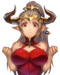  1girl aliza_(granblue_fantasy) bare_shoulders blush breasts cleavage cleavage_cutout clenched_hands closed_mouth dress earrings eyelashes frown granblue_fantasy headpiece horns jewelry large_breasts long_hair looking_at_viewer pointy_ears ponytail red_dress red_eyes shiny shiny_skin silver_hair single_earring sleeveless solo wolfedge 