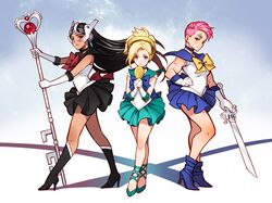  3girls biceps bishoujo_senshi_sailor_moon black_hair blonde_hair cosplay dark_skin eclosion gloves hand_mirror high_heels mercy_(overwatch) mirror multiple_girls oohara_sayaka outer_senshi overwatch pink_hair sailor_collar sailor_neptune sailor_neptune_(cosplay) sailor_pluto sailor_pluto_(cosplay) sailor_senshi sailor_uranus sailor_uranus_(cosplay) seiyuu_connection short_hair skirt staff sword symmetra_(overwatch) toned visor weapon white_gloves zarya_(overwatch) 