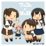  4girls ayanami_(kantai_collection) black_hair black_legwear brown_hair capriccyo commentary_request isonami_(kantai_collection) jojo_pose kantai_collection long_hair multiple_girls pink_hair ponytail pose sazanami_(kantai_collection) school_uniform serafuku shikinami_(kantai_collection) short_hair side_ponytail twintails twitter_username 