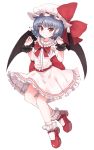  1girl bat_wings blue_hair bobby_socks center_frills closed_mouth fang fang_out full_body hat hat_ribbon highres mary_janes mob_cap pointy_ears red_eyes red_ribbon red_shoes remilia_scarlet ribbon shoes shone short_hair simple_background skirt skirt_set smile socks solo touhou white_background white_legwear white_skirt wings wrist_cuffs 
