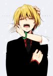  1boy bangs black_jacket black_necktie blonde_hair bracelet closed_eyes collared_shirt comforting crying dripping earrings family formal grey_background hair_between_eyes hand_on_another&#039;s_cheek hand_on_another&#039;s_face hand_on_another&#039;s_head hand_on_own_chest hunter_x_hunter jacket jewelry kumo_suzume kurapika kurapika&#039;s_father kurapika&#039;s_mother light_particles long_sleeves male_focus necktie open_mouth out_of_frame red_shirt shirt sleeves_past_elbows solo_focus suit teeth tongue upper_body 