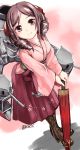  1girl boots brown_hair closed_umbrella cross-laced_footwear drill_hair hakama harukaze_(kantai_collection) japanese_clothes kantai_collection kimono knck leaning_forward long_hair meiji_schoolgirl_uniform red_eyes twin_drills umbrella 