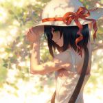  1girl adjusting_clothes adjusting_hat armpits arms_up back bare_arms bare_shoulders black_hair blush dappled_sunlight day dress from_side green_eyes hat hat_ribbon holding holding_hat looking_at_viewer original outdoors over_shoulder parted_lips pinakes profile red_ribbon ribbon short_hair sleeveless sleeveless_dress solo sun_hat sundress sunlight upper_body white_dress white_hat 