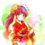  1girl circlet cotton_candy earrings green_eyes hand_on_own_face highres iesupa japanese_clothes jewelry kimono mask_on_head ponytail pyrrha_nikos redhead rwby smile solo 