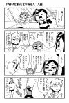  2girls 3boys 4koma :3 beach bikini bkub blush comic corndog fang flying_sweatdrops hat headphones monochrome multiple_boys multiple_girls necktie one_side_up original shaved_ice short_hair swimsuit translated 