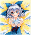  1girl blue_eyes blue_hair bow cirno dress fang hair_bow ice ice_wings looking_at_viewer open_mouth outstretched_arms puffy_short_sleeves puffy_sleeves qqqrinkappp red_ribbon ribbon sample short_hair short_sleeves smile solo touhou traditional_media upper_body wings 
