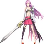  1girl braid breasts cleavage earrings full_body jewelry long_hair midriff miniskirt navel necklace official_art phantom_of_the_kill pink_eyes pink_hair simple_background skirt solo sword tyrfing_(phantom_of_the_kill) very_long_hair weapon white_background 